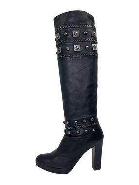 Stuart Weitzman Black Studded Knee-High Block Heel Boot